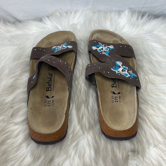 Birkenstock Betula Zara Brown Embroidered Slide Sandals Sz 11 - Picture 3 of 6